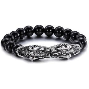 BIYONGDE Mens Womens 10MM Black Onyx Beads Chain Lucky Amulet Bangle Bracelet, Stainless Steel Vintage Dragon Head Charms