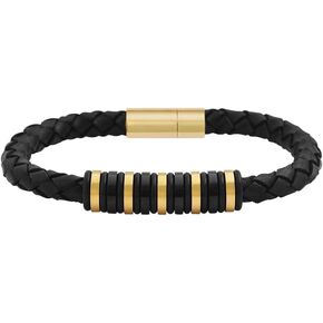 Geoffrey Beene Men's Genuine Braided Leather Bracelet with Stainless Steel Rubber Ornaments
