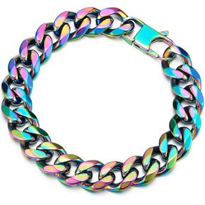 COOLSTEELANDBEYOND Curb Chain Bracelet, Oxidized Rainbow Color, Stainless Steel Link Chain Bracelet, Classic Mens