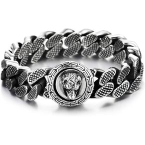 COOLSTEELANDBEYOND Viking Bracelet, Circle Clasp of Wolf, Stainless Steel Grid Pattern Curb Chain Norse Amulet, for Men