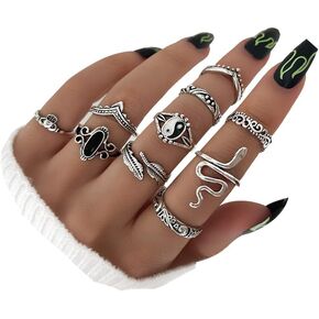 YOOESTORES82 Vintage Silver Knuckle Ring Set Star Moon Elephant Stackable Rings Chain Flower Multiple Midi Finger Ring Sets for Women Girls