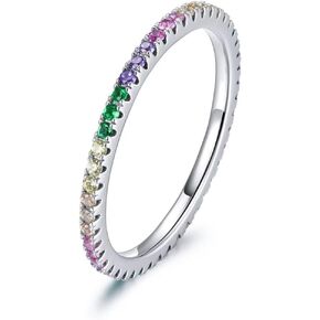 Rainbow Ring Colorful Rings for Women 925 Sterling Silver Stackable Finger Ring Pretty Simple Rings Wedding Band, Beautiful Jewellery Birthday Gifts for Teen Girls Sizes 5-9