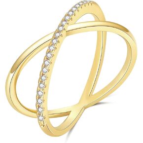 TIGRADE 14 K Gold Plated Stacking Ring X Shaped Criss Cross Ring CZ Pave Double Band Eternity Ring for Women Girls