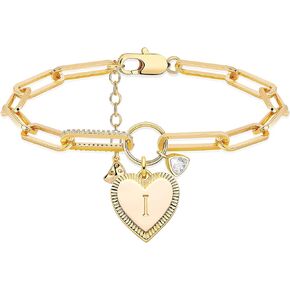 MEVECCO Gold Paperclip Bracelet, 18K Gold Plated Heart Initial Oval Link Bracelet Dainty Handmade Letter Charm Bracelet for Women Jewelry…
