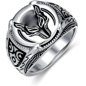 PYTALI Wolf Ring for Men Sterling Silver Ring Viking Ring Wizard Warrior Hunter Wolf Head Rings Gift for Men