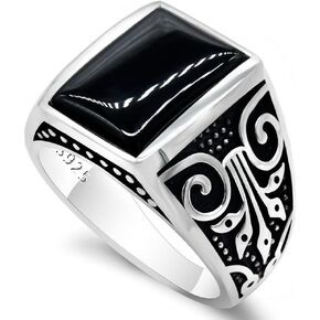 Solid Sterling Silver Black Onyx Ring Rectangle Agate Gemstone Turkish Handmade Style Men's Ring