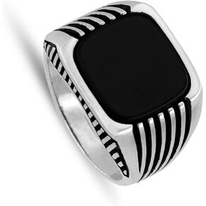 Chicotta Men's 925 Stamped Sterling Silver Ring with Large Rounded Square Black Onyx Gemstone and Stripes on the Sides