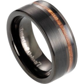 8mm Tungsten Carbide Hawaiian Koa Wood Inlay Comfort Fit Men Ring Engagement Wedding Band, Scratch Resistant Weighted Hypoallergenic with Jewelry Gift Box