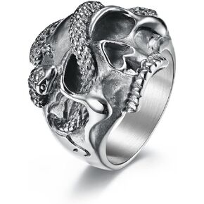Demon Skull Head Ring, Gothic Snake Animal Skull Ring for Men, Punk Skull Head Halloween Ring Devil Skull Jewelry, Hip Hop Skull Snake Ring Cool Skull Cocktail Party Ring Pirate Skull Ring for Boys