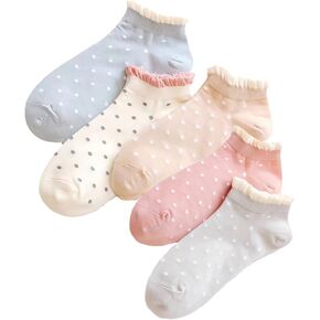 SLAKOP Polka Dot Ruffle Low Ankle Socks for Women Cute Thin No Show Socks Lightweight Pastal Color Soft Sock 5/6 Pairs
