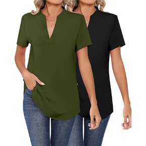 2 Pcs Women's V Neck Tops, Short Sleeve Summer Casual Shirts Loose Fitted Business Work Blouses Ladies Tunic Tee