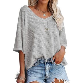 Vrtige Women's Casual Waffle Knit V Neck Short Sleeve Loose Tunic Blouse Shirt Top