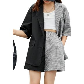 OYOANGLE Girl's 2 Piece Outfits Color Block Short Sleeve Button Front Blazer and Pocket Shorts Set