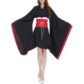 Women's Short Kimono Dress with Obi Belt Gothic Lolita Yukata Robe Japanese Traditional Kimono Cosplay Fancy Dress