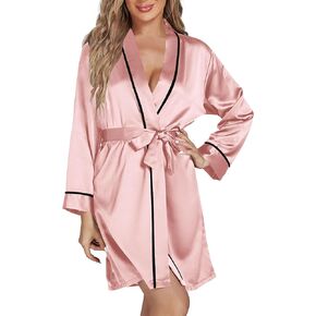 OPOIPIN Women's Satin Kimono Short Robe V Neck Wide Long Sleeve Self Waist Tie Sleepwear