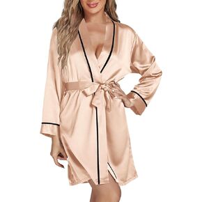 OPOIPIN Women's Satin Kimono Short Robe V Neck Wide Long Sleeve Self Waist Tie Sleepwear