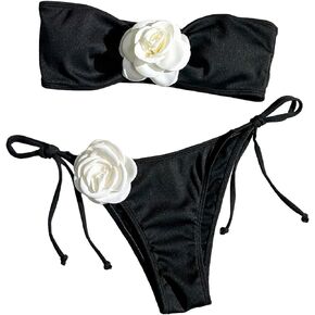 Verdusa Women's Floral Applique Bandeau Bikini Sets Two Piece Swimsuit Bathing Suits