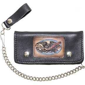 Dream Apparel Bifold Chain Wallet for Men and Women, Cowhide Leather Motorcycle Biker Wallet with Anti-Theft Steel Chain, Black ID Card Holder Trucker Wallet with Snap Closure