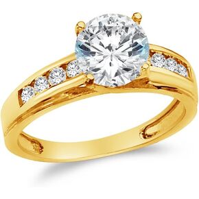 Solid 14k Yellow -OR- White Gold Round Cut Wedding Engagement Ring with Side Stones, CZ Cubic Zirconia (2 ct.)