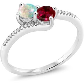 Gem Stone King 10K White Gold Forever United 2 Stone White Simulated Opal and Red Created Ruby and Diamond Engagement Ring For Women (0.67 Cttw, Round, Avaiable in Size 5,6,7,8,9)