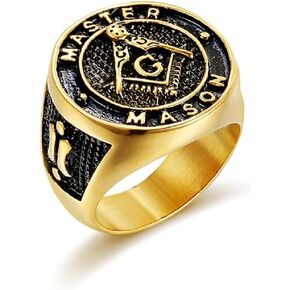 Masonic Master Mason Ring, Freemason Biker Ring for Men, Gold Plated Masonic Symbol Ring Compass Masonic Jewelry, Square Compass Freemason Ring Religious Amulet Ring for Boys