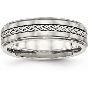 Solid Stainless Steel and Matte Brushed Finish Silver Braid-Inlay Wedding Band Ring