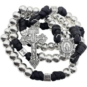 Nazareth Store Silver Beads Paracord Rosary Necklace Catholic Rugged Black Cord Beaded Miraculous Medal & Pardon Crucifix
