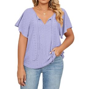 ROSRISS Plus-Size Shirts for Women Eyelet Short Sleeve Tops Summer Drawstring Blouses