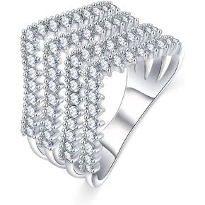 V-Shape Stackable Cubic Zirconia Half Eternity CZ Curved Rings 925 Silver Full Diamond Ring Three Rows Cubic Zirconia Cocktail Rings CZ Diamond Multi Row Ring Engagement Wedding Ring for Women