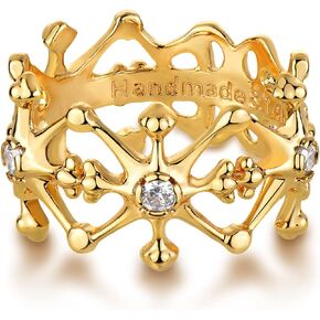 GNIRTSI Gold Starburst Ring for Women Diamond Cubic Zirconia 14K Gold Plated Minimalist Stack Wide Band Finger Jewelry Size 6-8