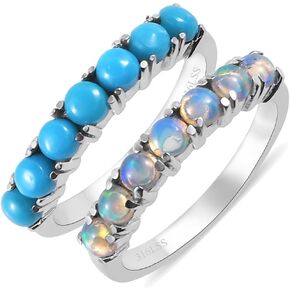 SHOP LC Stackable Turquoise Ring & Opal Ring Set of 2 Stackable Rings for Women Set - Boho Western Band Promise Ring Stainless Steel Turquoise Jewelry for Women Birthday Gifts for Women - 1.30 ctw