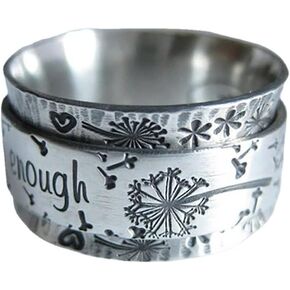 "I am enough" Cute Silver Meditation Dandelion Women Rings,Fashion Chunky Rings for Men Size 5-10, Best Mother's Day Rings, Giving Women The Unique Gift