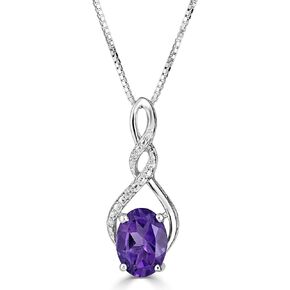 Oval Twist Amethyst Pendant Necklace Diamond Accent in Sterling Silver or Gold Plate- 18 Inch Box Chain