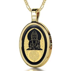 Buddha Necklace Inscribed Metta Prayer for Loving Kindness Meditation in 24k Gold on Onyx Pendant, 18" - NanoStyle Jewelry