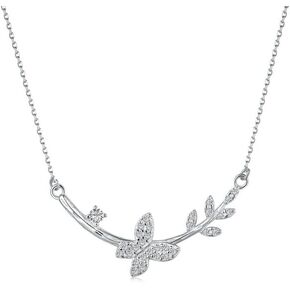 Butterfly Necklace 925 Sterling Silver Leaf Butterfly Zirconia Necklace Jewelry Gift for Women Girls Birthday Christmas
