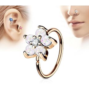 Opal CZ Flower Rose Gold IP Helix Tragus Rook Snug Daith Hoop Nose Ring Piercing - White