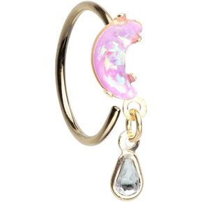 Pierced Owl 20GA Gold Tone Stainless Steel Opalite Moon with Dangling Gem Bendable Nose Ring