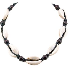 BlueRica Cowrie Shells on Black Braided Cord Choker Necklace with Round Dark Brown Wood Beads