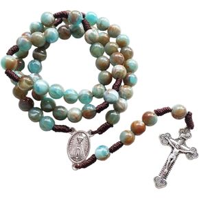 Blue 10mm Acrylic Beads Brown Rope Cording Catholic Rosary with Antique Silver Plated Saint Christopher Center and Crucifix Pendant