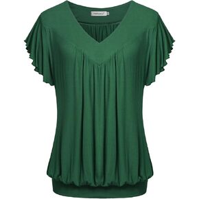 Womens V Neck Short Ruffled Cap Sleeves Banded Hem Bottom T Shirts Loose Tops with Shirred