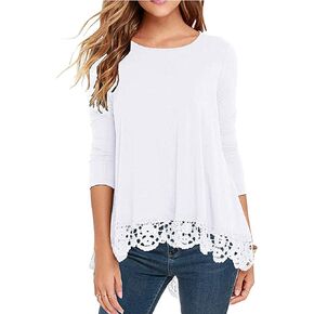 RAGEMALL Women's Tops Long Sleeve Lace Trim O-Neck A-Line Tunic Blouse Tops for Women