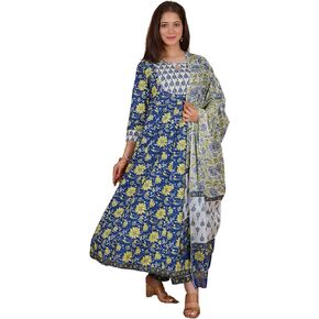 Meera Fab Women's Cotton Printed Anarkali Kurta With Palazzo & Dupatta