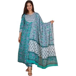 كورتا أناركالي النسائية المطبوعة بالقطن من Meera Fab مع بالازو ووشاح