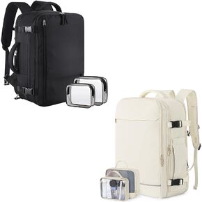 حقيبة ظهر كبيرة للسفر للنساء والرجال (أسود وبيج)، حقيبة ظهر للحمل سعة 40 لترًا، حقيبة ظهر كاجوال مقاومة للماء للكمبيوتر المحمول مقاس 17 بوصة، حقيبة كتب جامعية، حقيبة ظهر للنساء، كما تمت الموافقة على رحلة الشخص in Kuwait