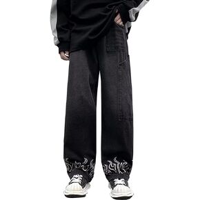Baggy Jeans for Boys Men Printed Skateboard Elastic Waist Pants Trendy Flame Designer Parachute Vintage Trousers Streetwear
