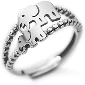 Vintage Elephant Beaded Adjustable Open Rings for Women Teen Girls Minimalist 925 Sterling Silver Double Layer Cute Animals Stacking Expandable Finger Knuckle Rings for Daughter Birthday Party Xmas