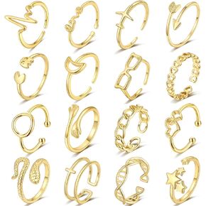 ZOERAY 16 قطعة خواتم قابلة للتعديل للنساء خواتم مفتوحة مجموعة سهم عقدة القلب موجة خواتم المفاصل خواتم التراص للفتيات في سن المراهقة in Kuwait