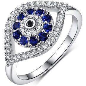 Blue Turkish Evil Eye Cubic Zirconia Rings for Women Girls Statement Band Sterling Silver Plated Chunky Stacking Finger Middle Tail Elegant Sparkly Dainty Fashion Jewelry Mother Bff Birthday Size 6-10