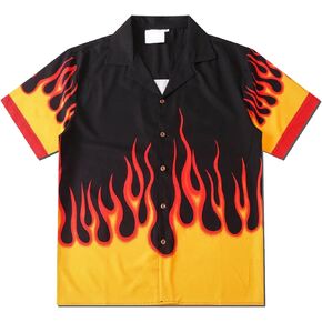 GK-O Men Short Sleeve Hawaiian Shirt Casual T Shirts Flame Summer Street Blouse TOP