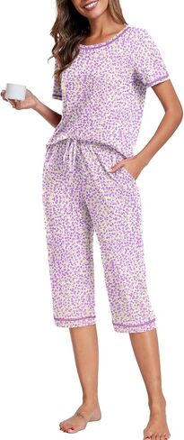 PrinStory Women's Pajama Sets Short Sleeve Sleepwear Top and Capri Pants Soft Loungewear Pjs Set 2 Piece with Pockets in Saudi Arabia
